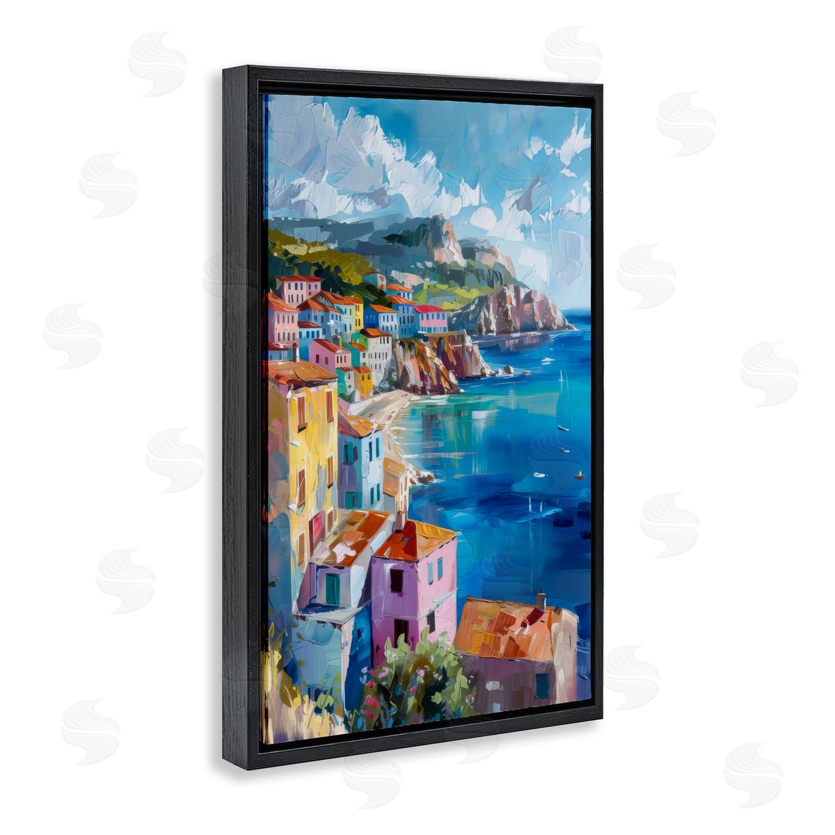 View Over Coastal Town Black Floating Frame Canvas Wall Art, Home Decor by LSR Design Studio