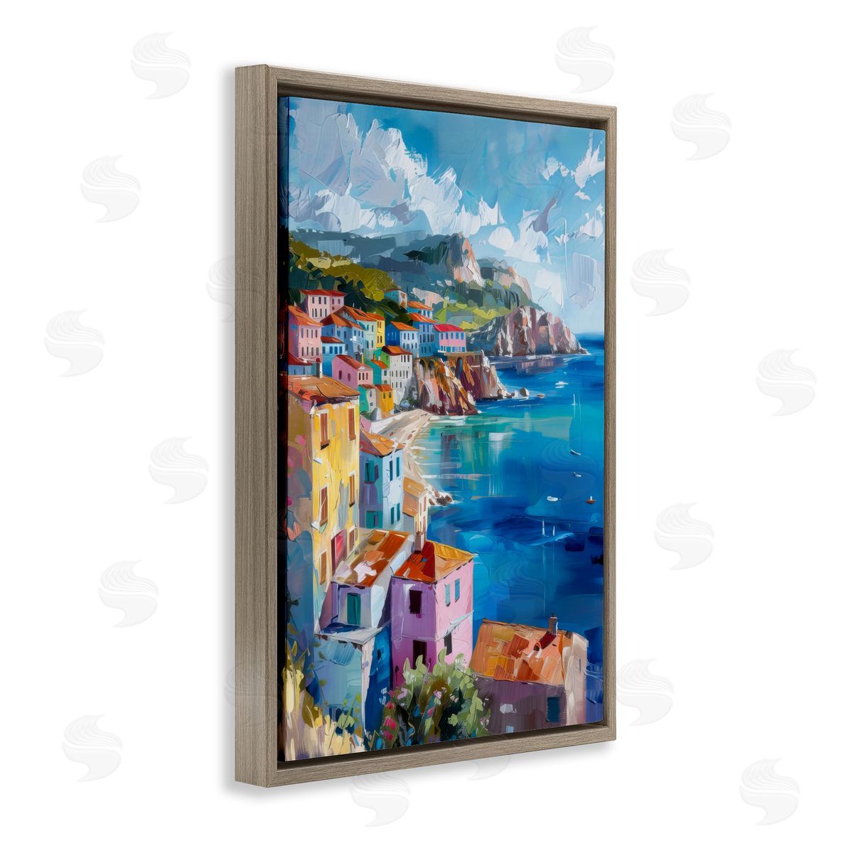 View Over Coastal Town Brown Floating Frame Canvas Wall Art, Home Decor by LSR Design Studio