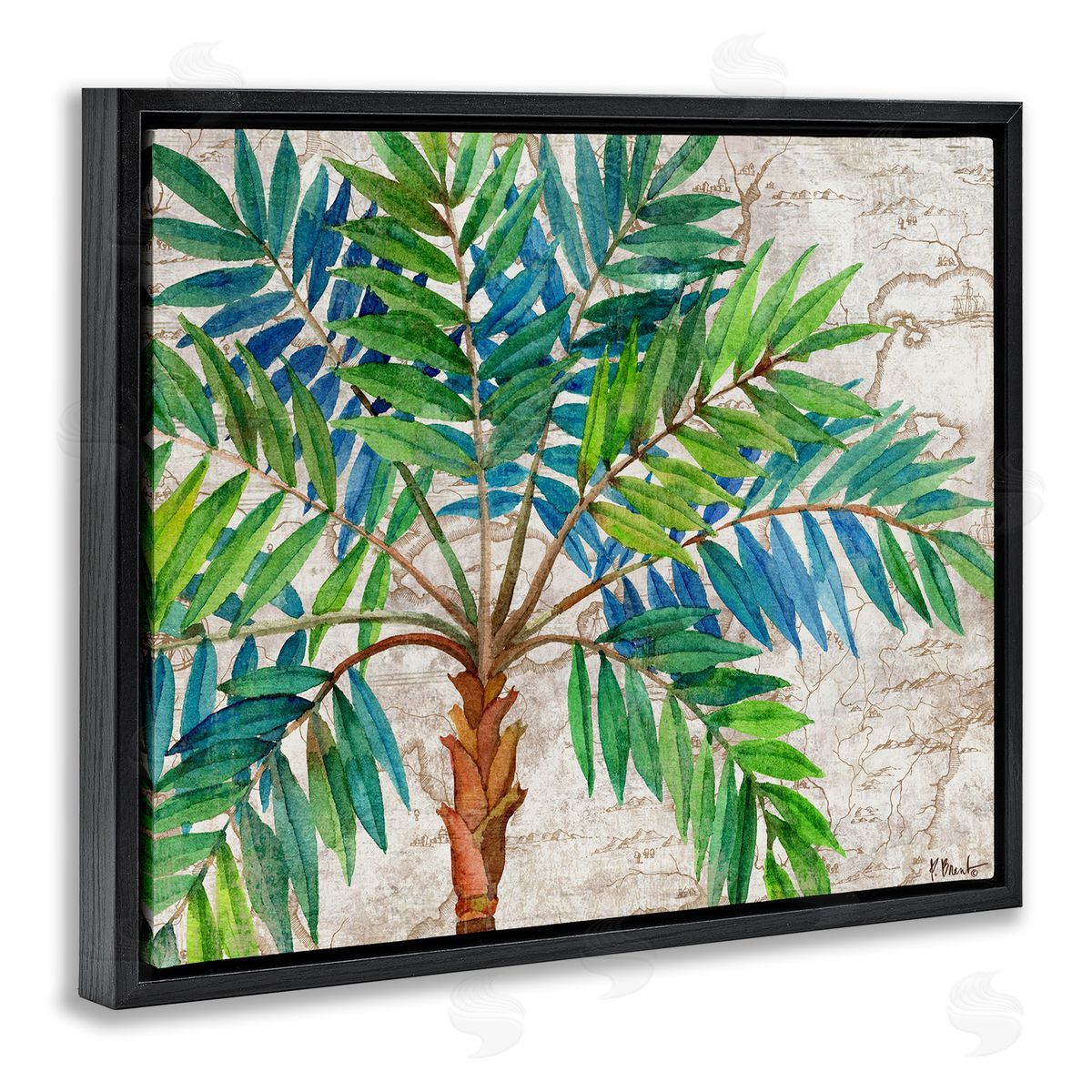 Aqueous Palm Tree Black Floating Frame Canvas Wall Art, Home Decor by Paul Brent