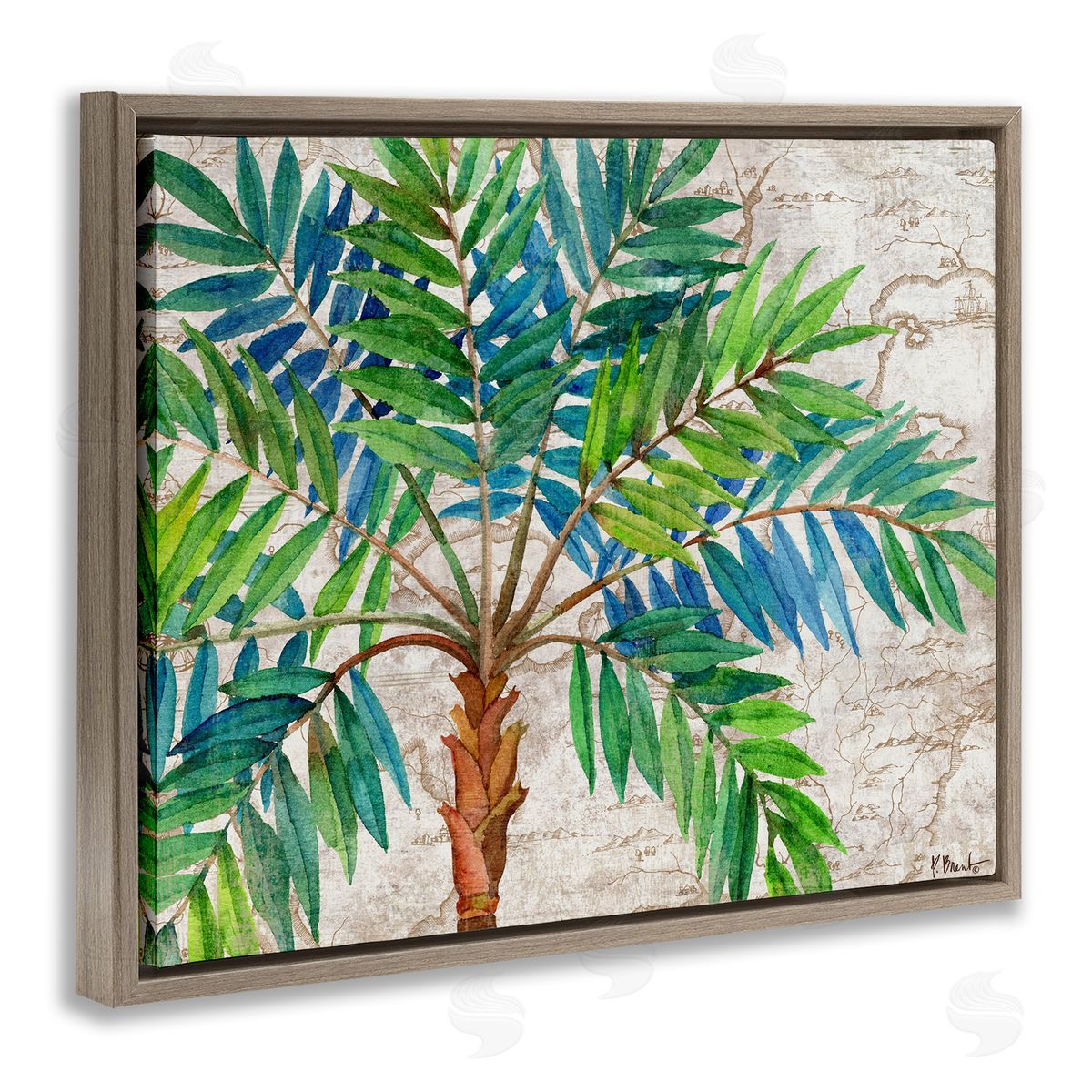 Aqueous Palm Tree Brown Floating Frame Canvas Wall Art, Home Decor by Paul Brent