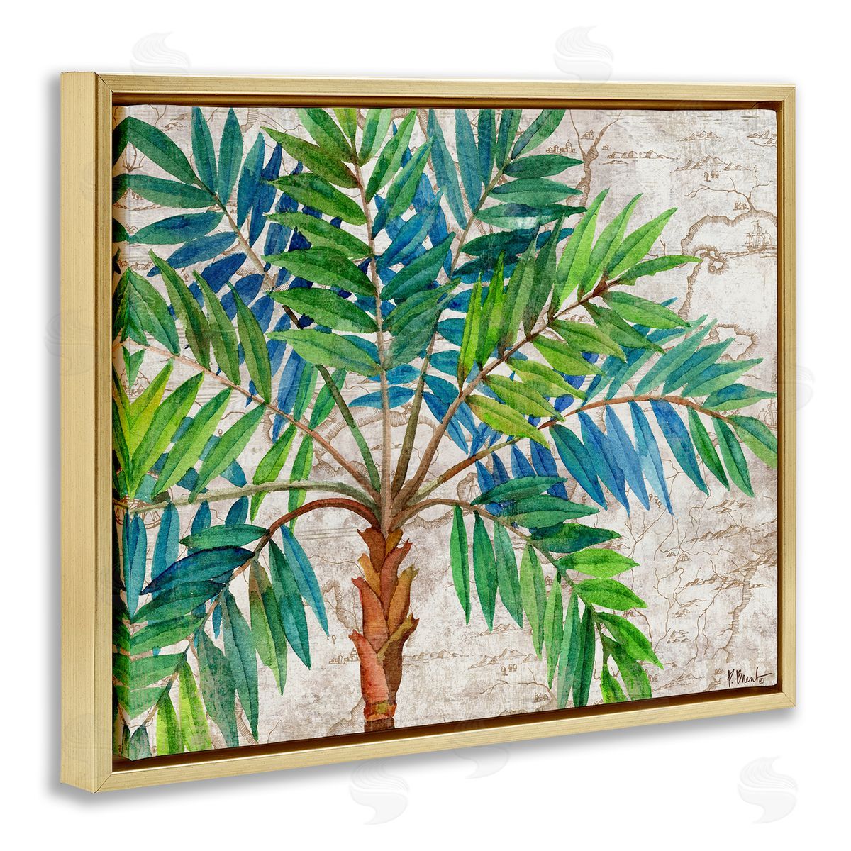 Aqueous Palm Tree Gold Floating Frame Canvas Wall Art, Home Decor by Paul Brent