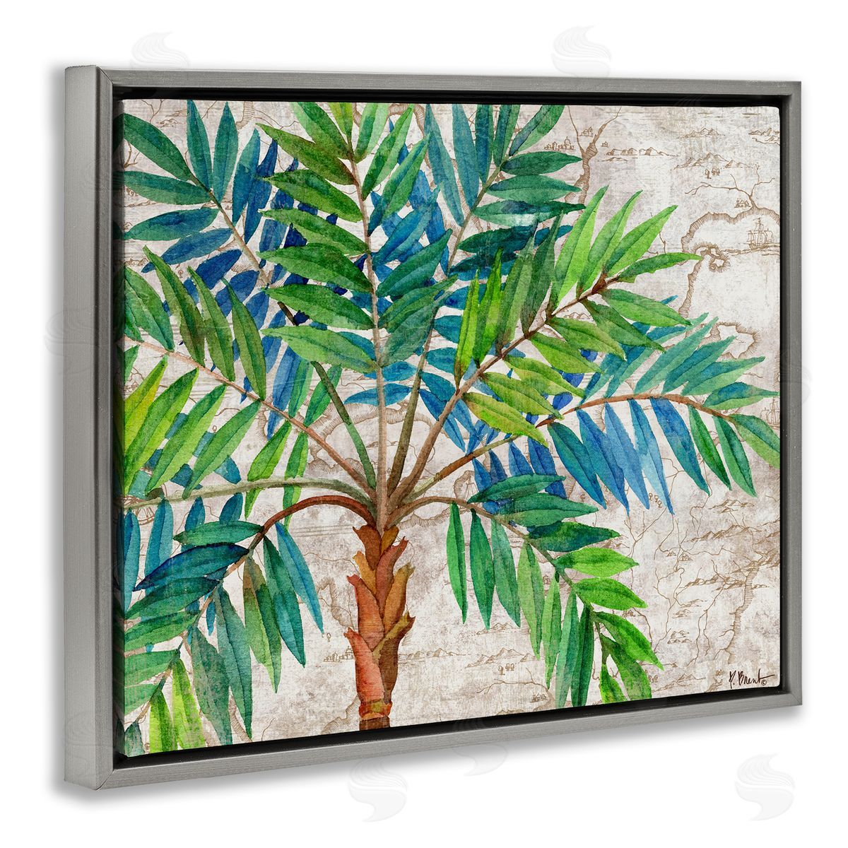 Aqueous Palm Tree Grey Floating Frame Canvas Wall Art, Home Decor by Paul Brent