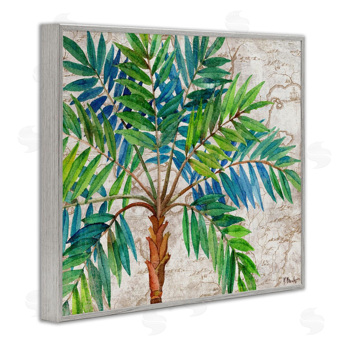 Aqueous Palm Tree Grey Frame Print Wall Art, Home Decor by Paul Brent