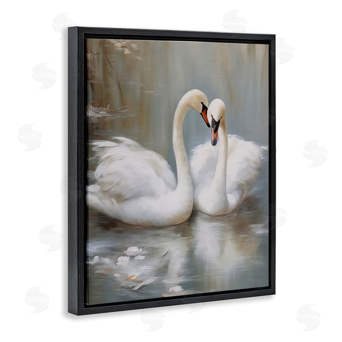 Kissing Swans on Pond Black Floating Frame Canvas Wall Art, Home Decor by Arlington Prints