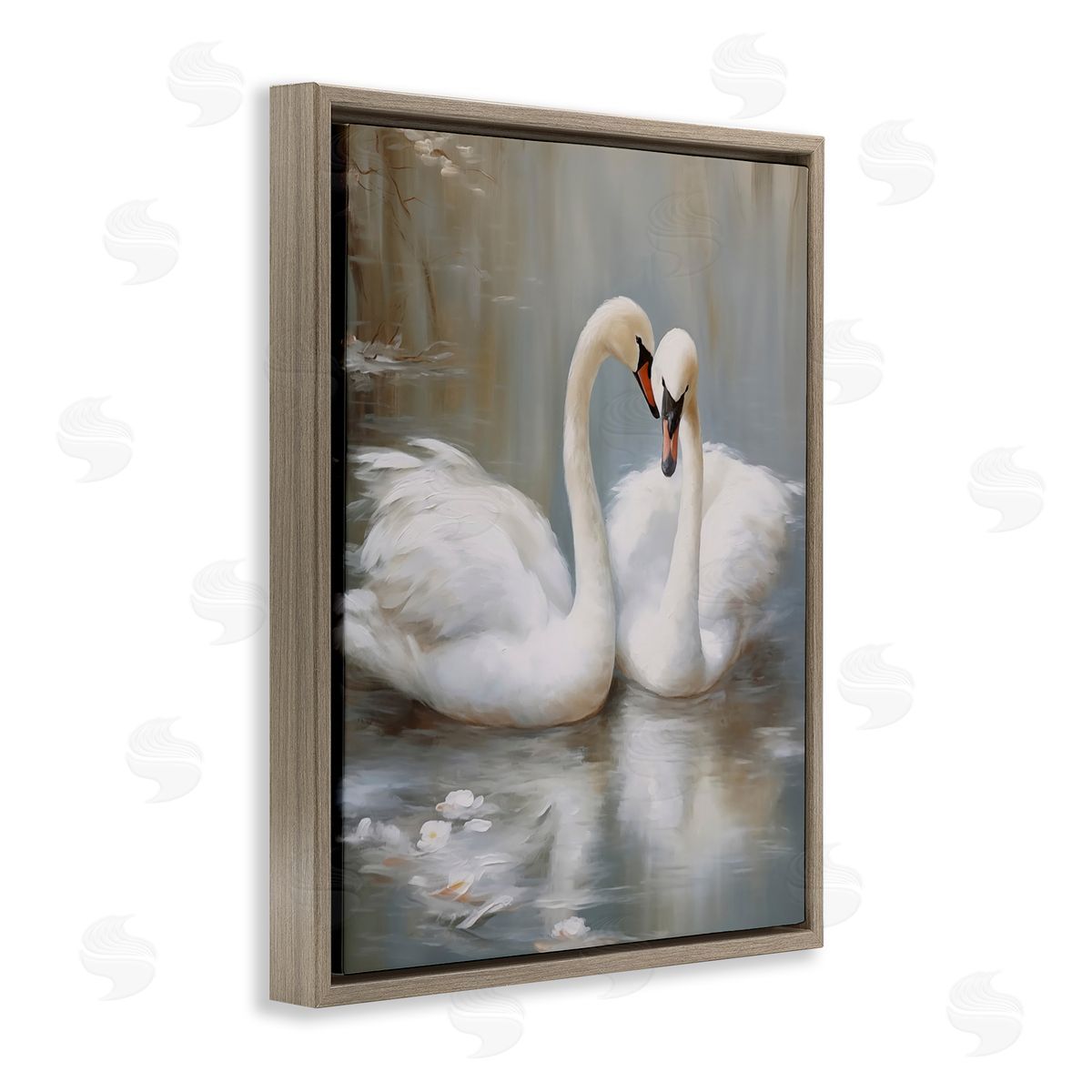 Kissing Swans on Pond Brown Floating Frame Canvas Wall Art, Home Decor by Arlington Prints