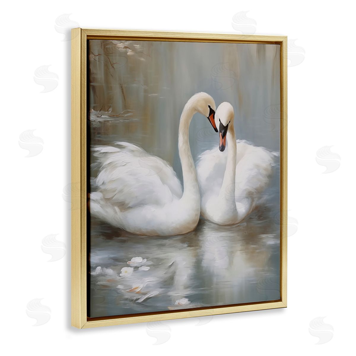 Kissing Swans on Pond Gold Floating Frame Canvas Wall Art, Home Decor by Arlington Prints