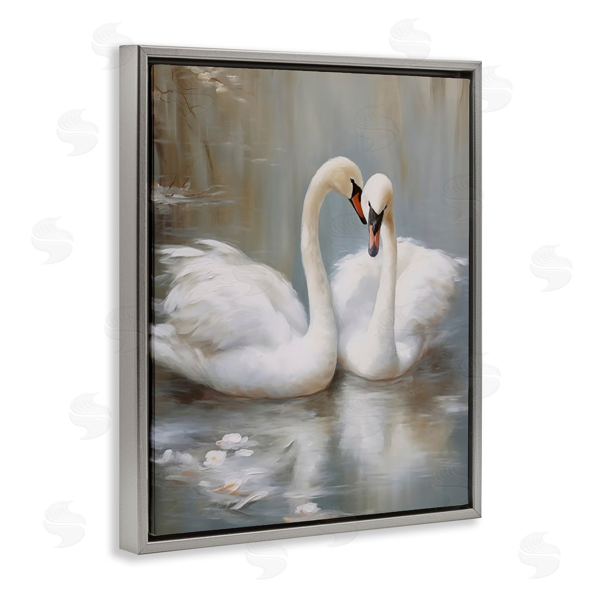 Kissing Swans on Pond Grey Floating Frame Canvas Wall Art, Home Decor by Arlington Prints