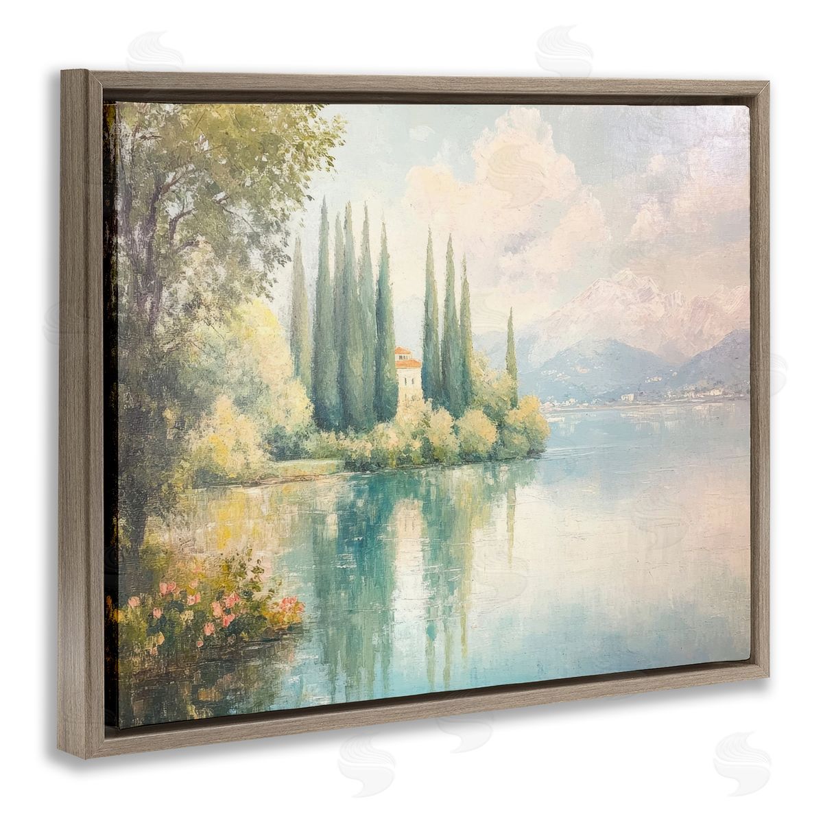 Lakeside Mansion View Brown Floating Frame Canvas Wall Art, Home Decor by Petal Prints Design