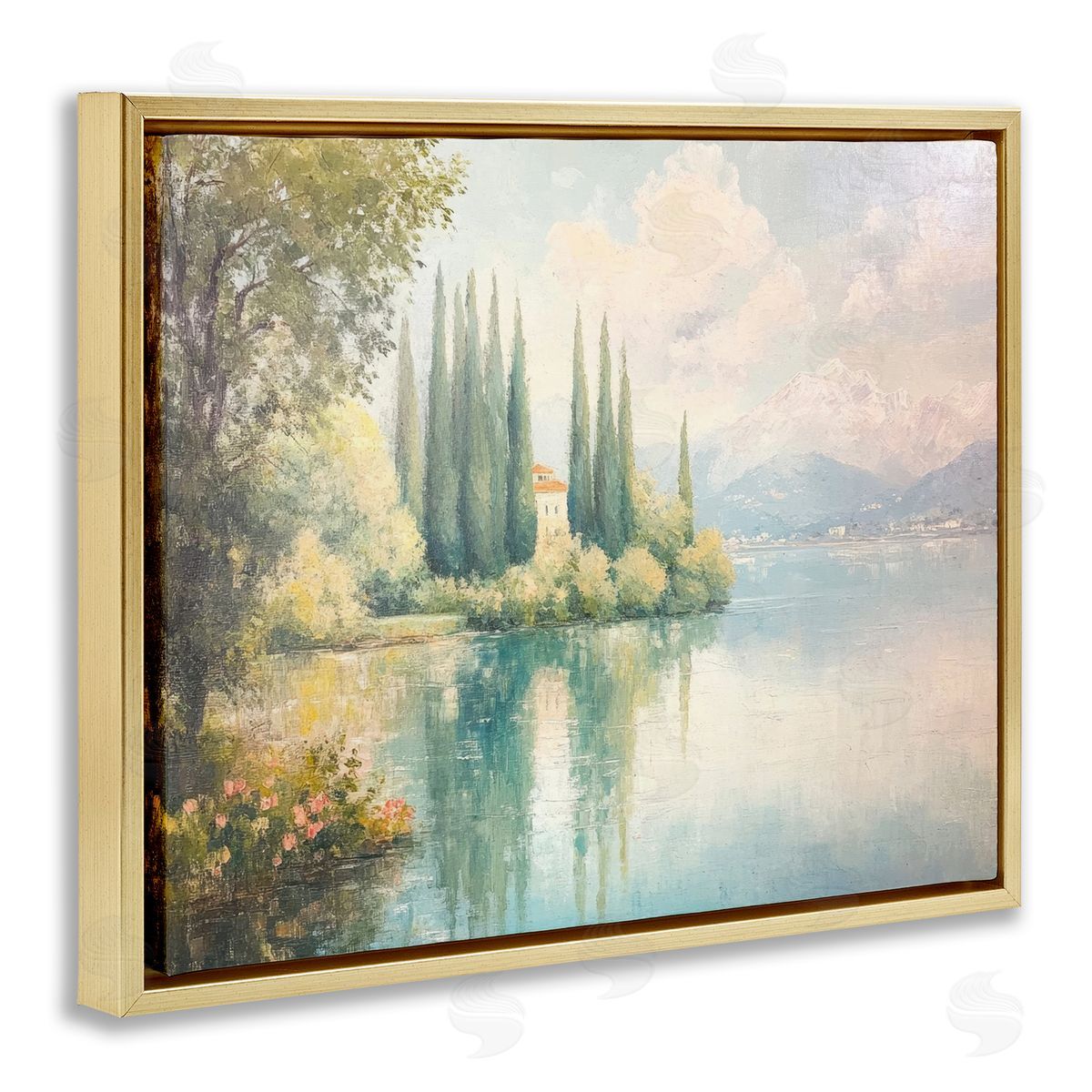 Lakeside Mansion View Gold Floating Frame Canvas Wall Art, Home Decor by Petal Prints Design