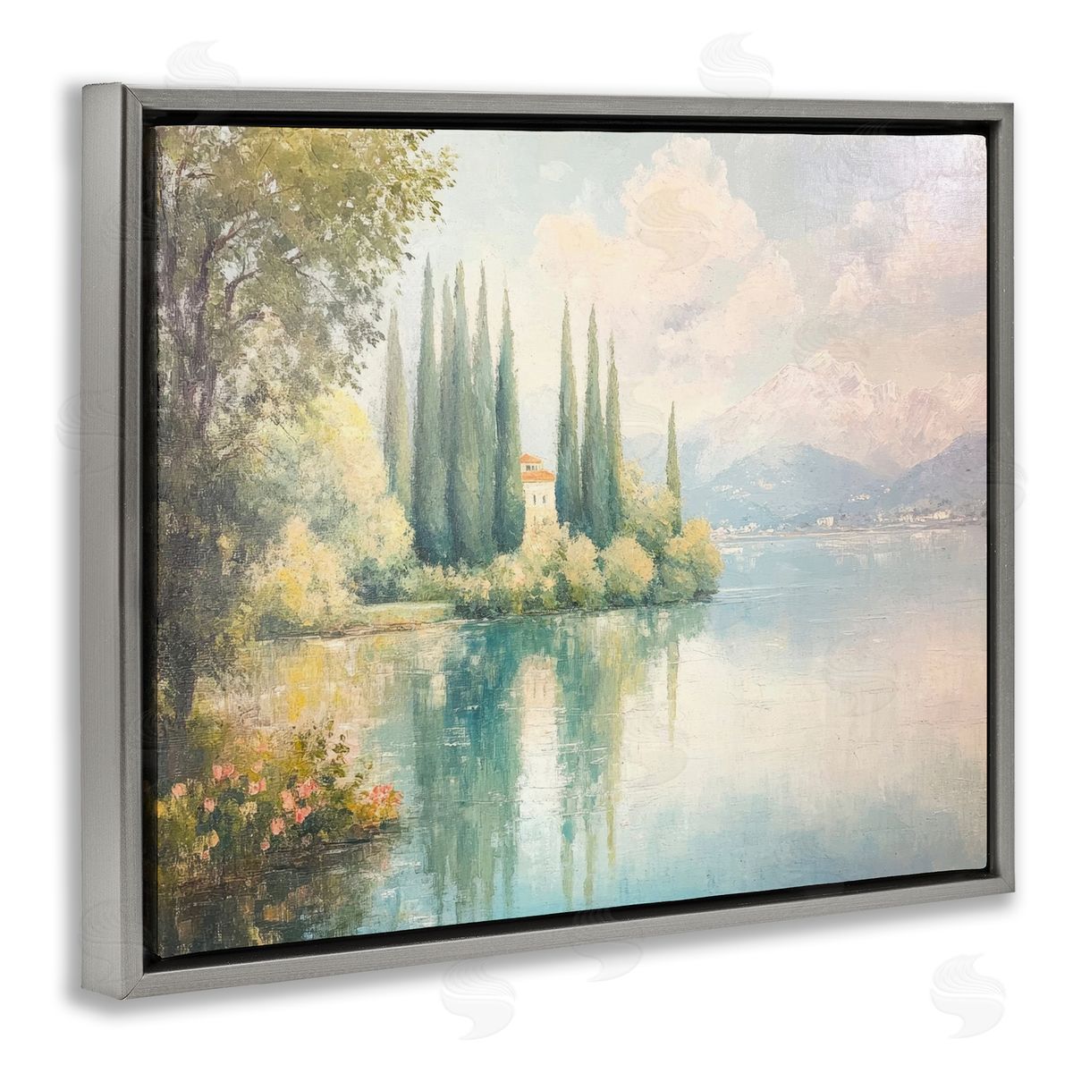 Lakeside Mansion View Grey Floating Frame Canvas Wall Art, Home Decor by Petal Prints Design