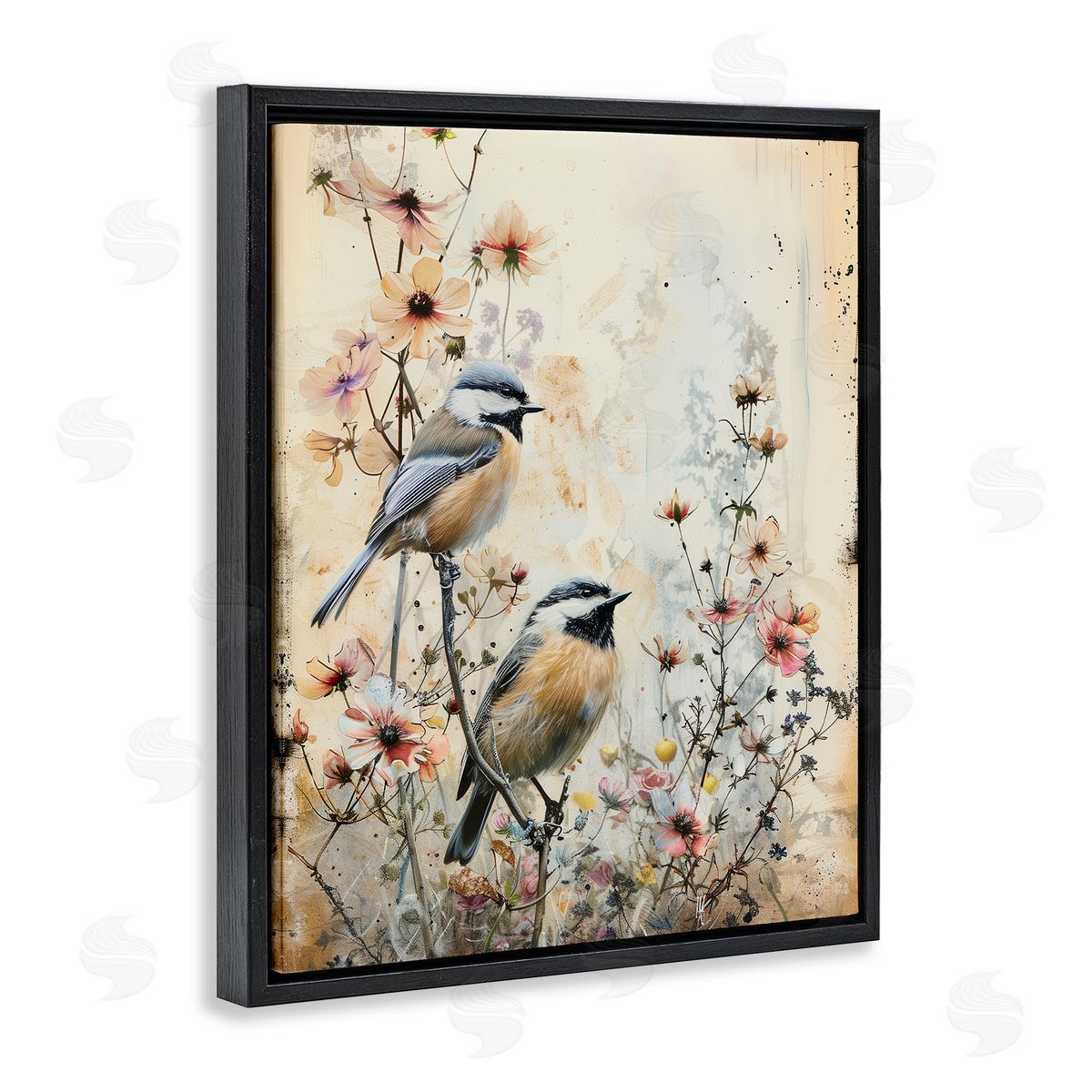 Sparrows Perched on Florals Black Floating Frame Canvas Wall Art, Home Decor by Arlington Prints