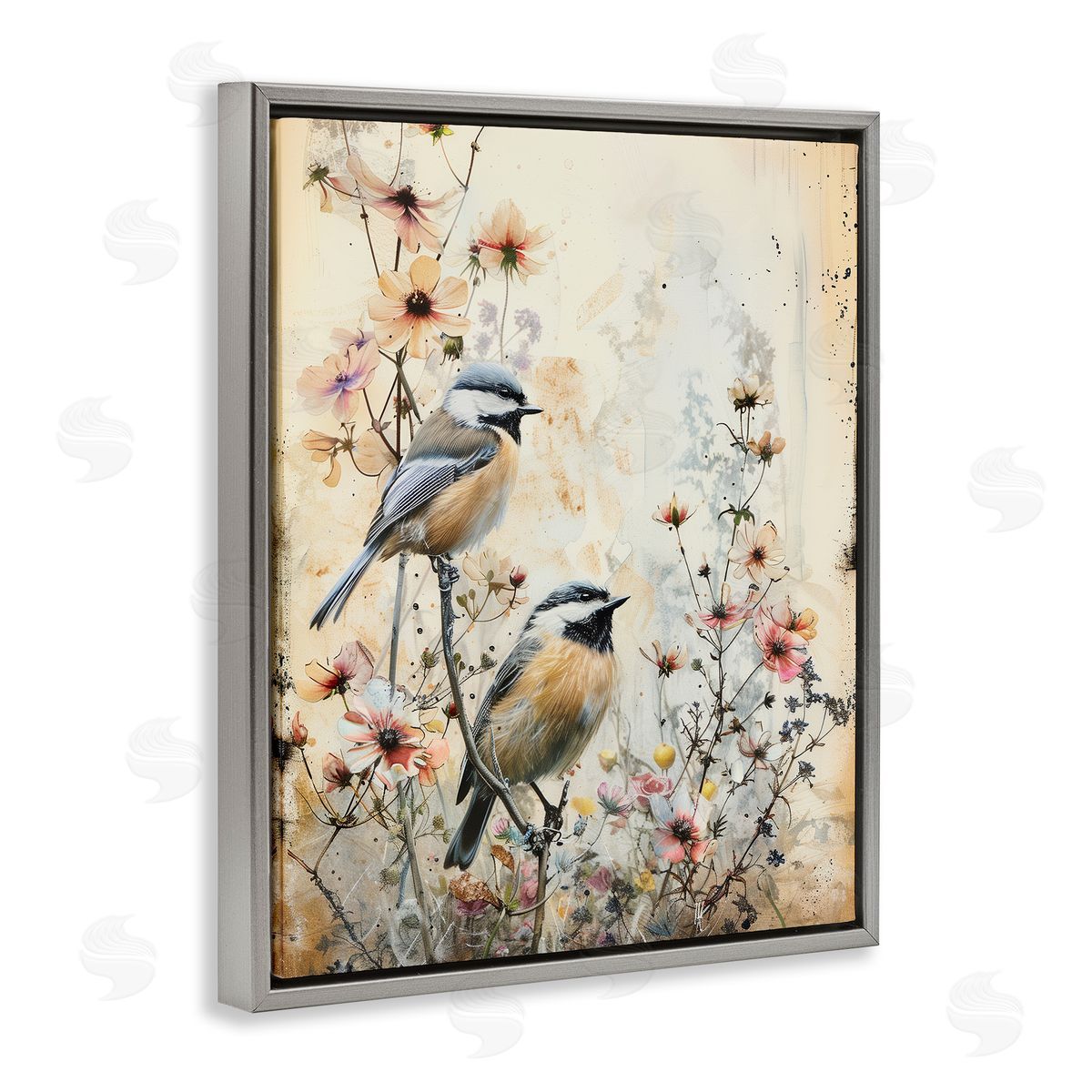 Sparrows Perched on Florals Grey Floating Frame Canvas Wall Art, Home Decor by Arlington Prints