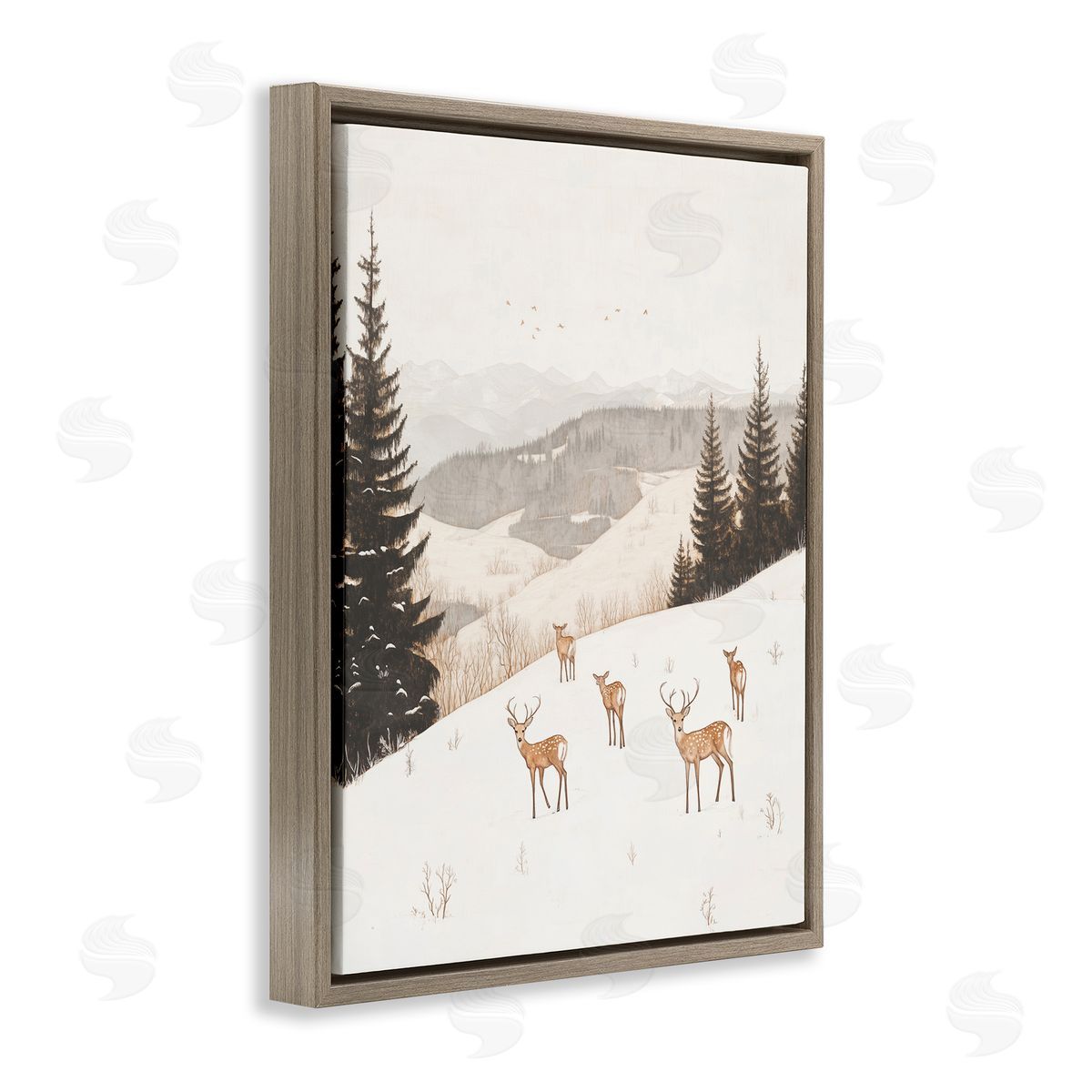 Winter Deer Mountain View Brown Floating Frame Canvas Wall Art, Home Decor by Arlington Prints