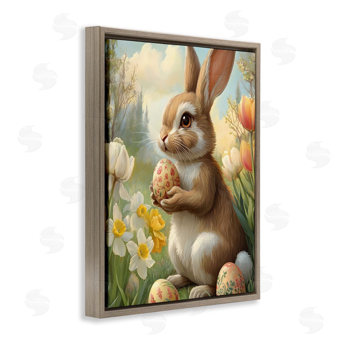 Easter Bunny with Painted Eggs Brown Floating Frame Canvas Wall Art, Home Decor by Franklyn Gregory