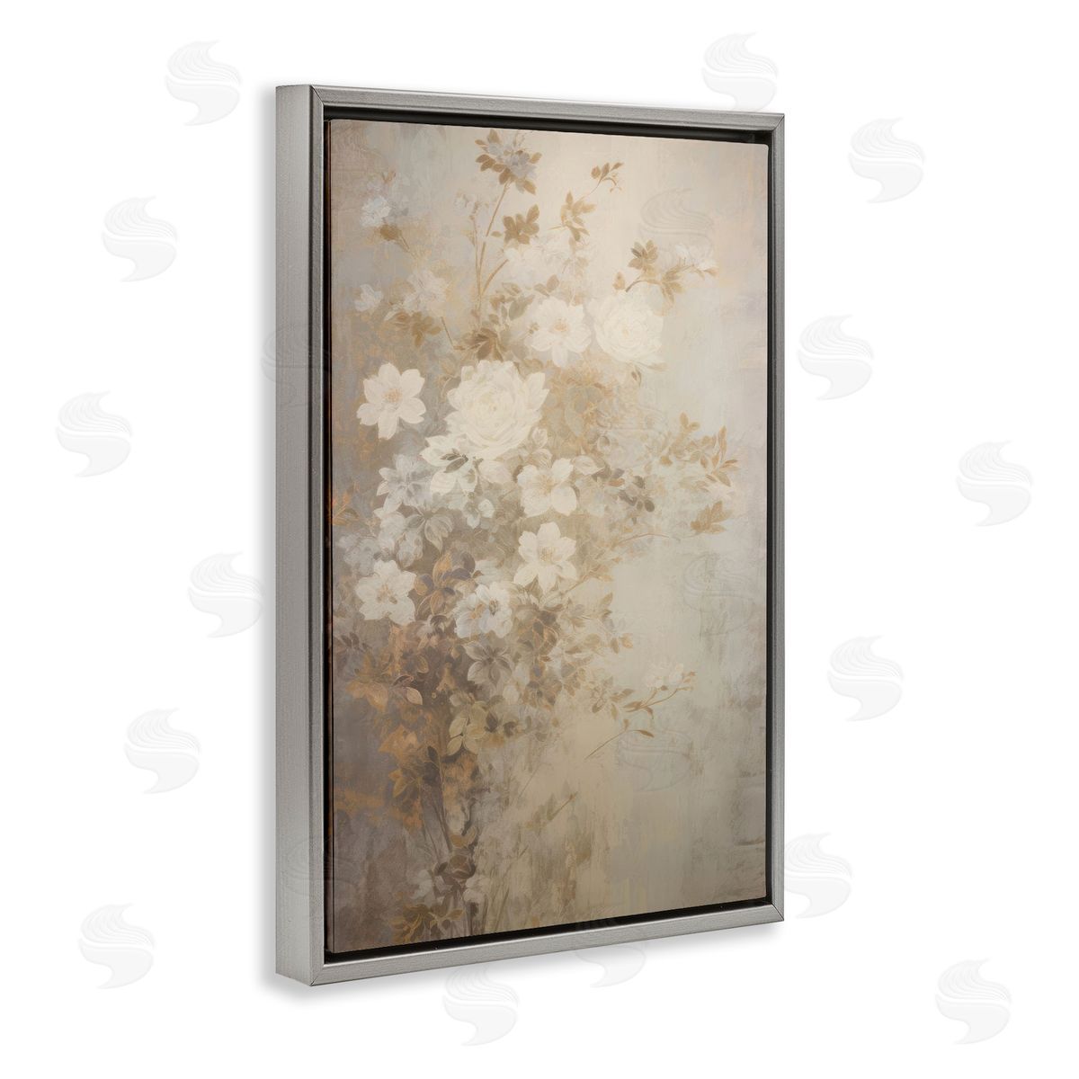 Muted Vintage Florals Grey Floating Frame Canvas Wall Art, Home Decor by LSR Creative Studio