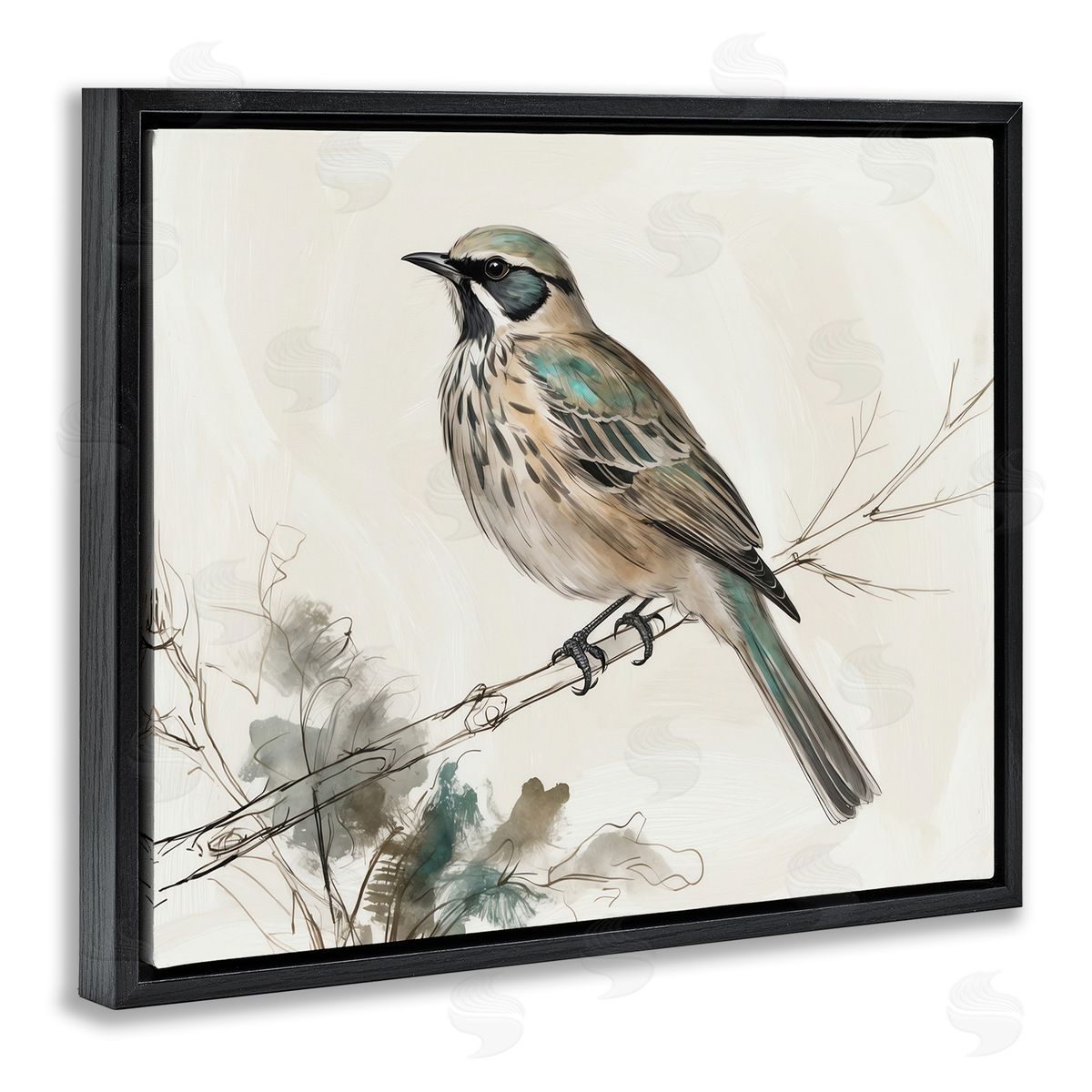 Perched Bird Illustration Black Floating Frame Canvas Wall Art, Home Decor by LSR Creative Studio