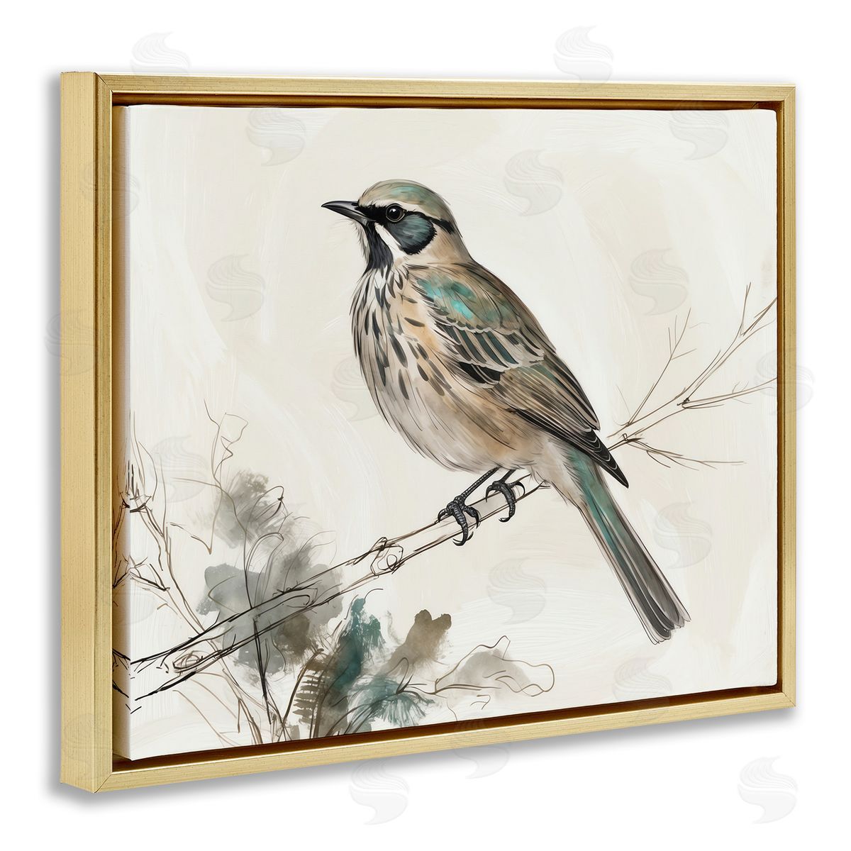 Perched Bird Illustration Gold Floating Frame Canvas Wall Art, Home Decor by LSR Creative Studio