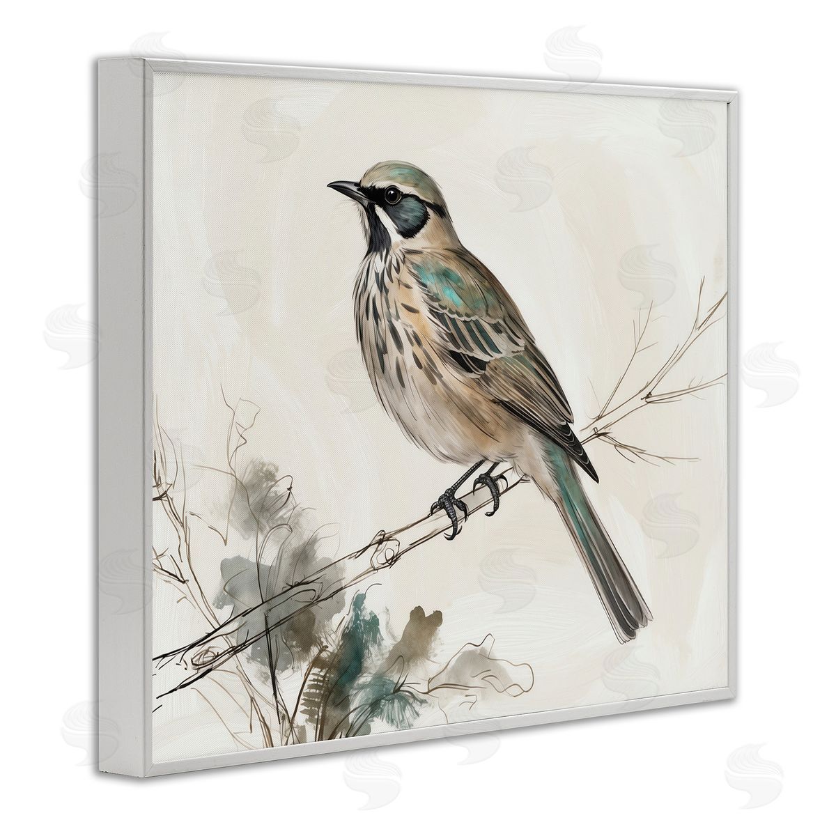 Perched Bird Illustration White Frame Print Wall Art, Home Decor by LSR Creative Studio