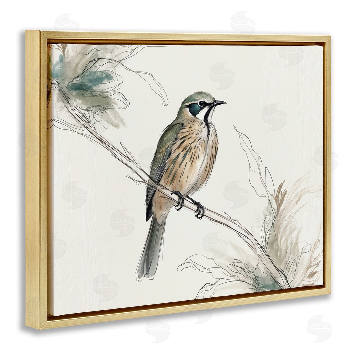 Illustrated Wildlife Bird Gold Floating Frame Canvas Wall Art, Home Decor by LSR Creative Studio