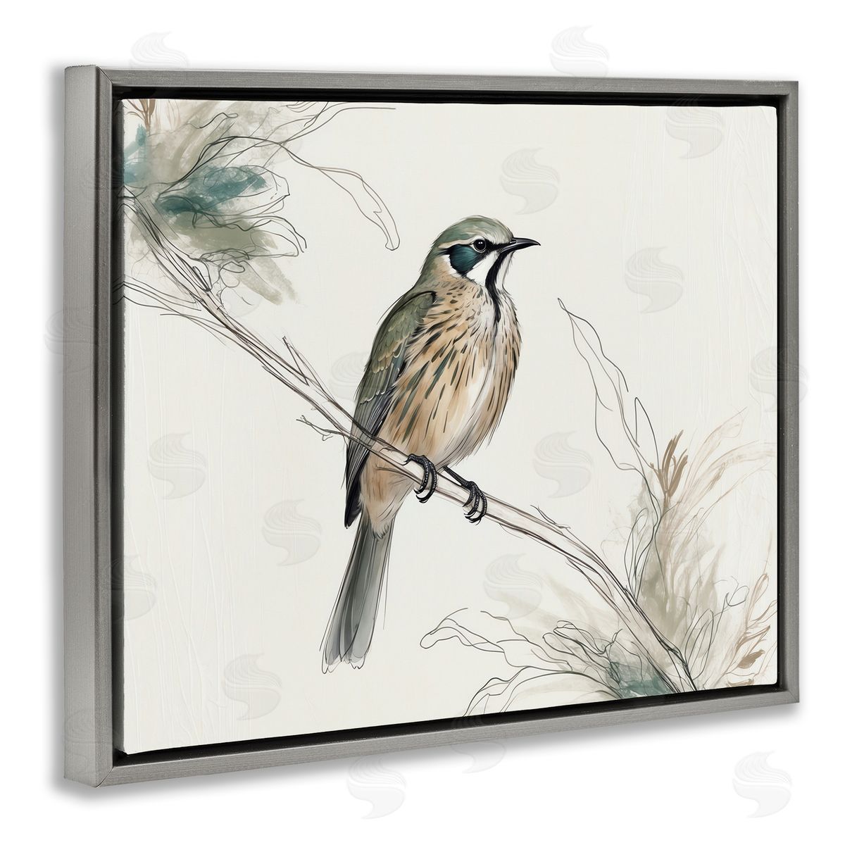 Illustrated Wildlife Bird Grey Floating Frame Canvas Wall Art, Home Decor by LSR Creative Studio