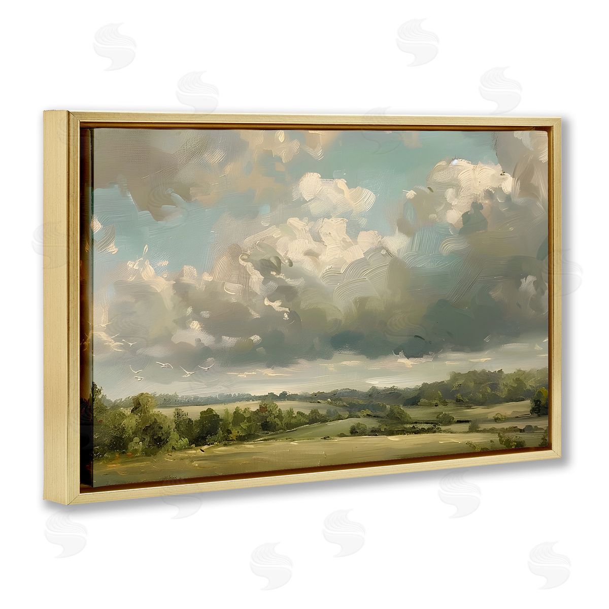 Sunlit Clouds over Countryside Gold Floating Frame Canvas Wall Art, Home Decor by LSR Creative Studio