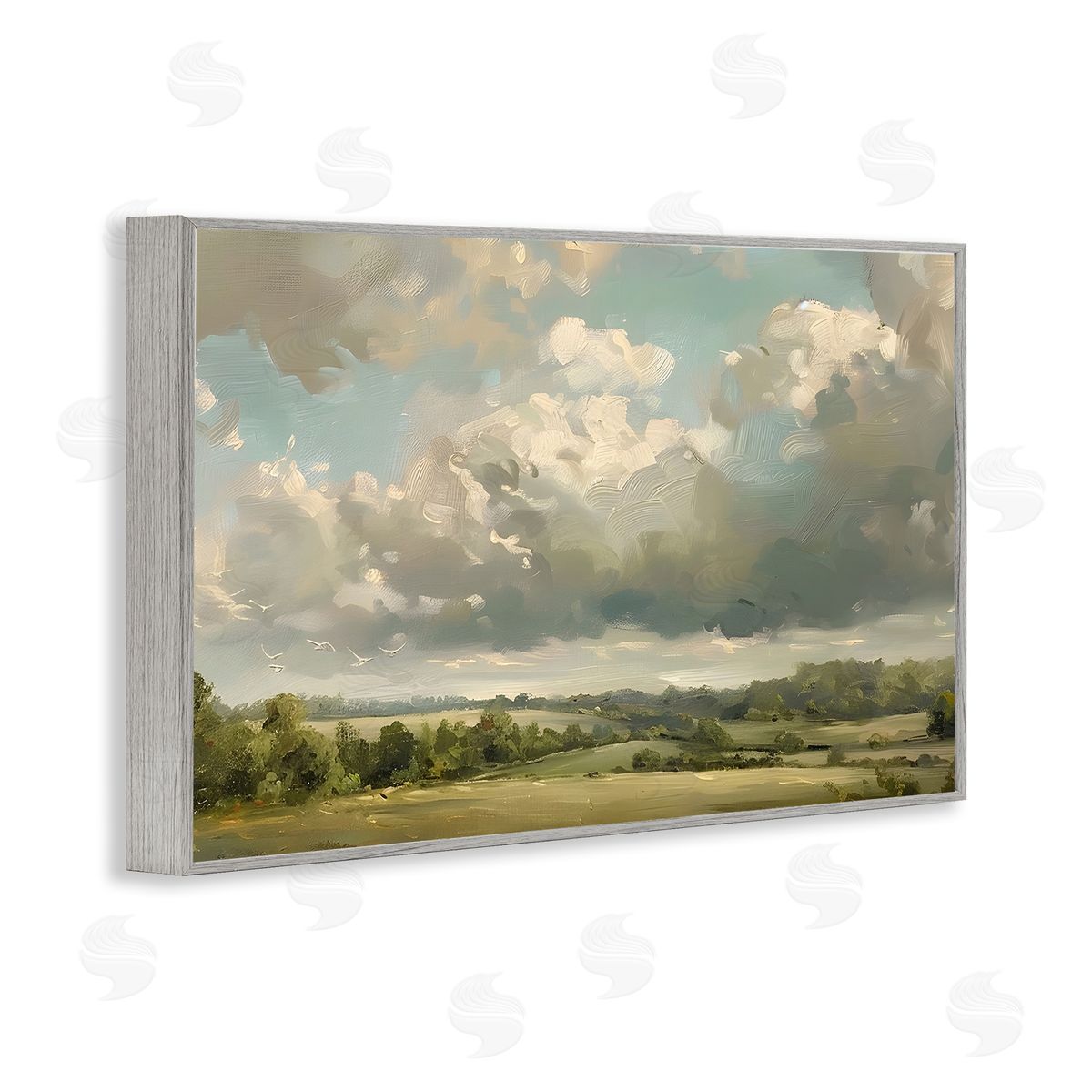 Sunlit Clouds over Countryside Grey Frame Print Wall Art, Home Decor by LSR Creative Studio
