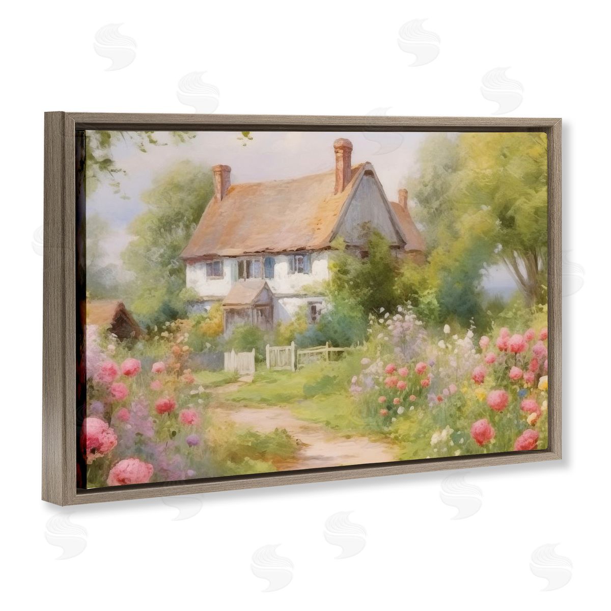 Nature Filled Cottage Garden Brown Floating Frame Canvas Wall Art, Home Decor by Nini Art