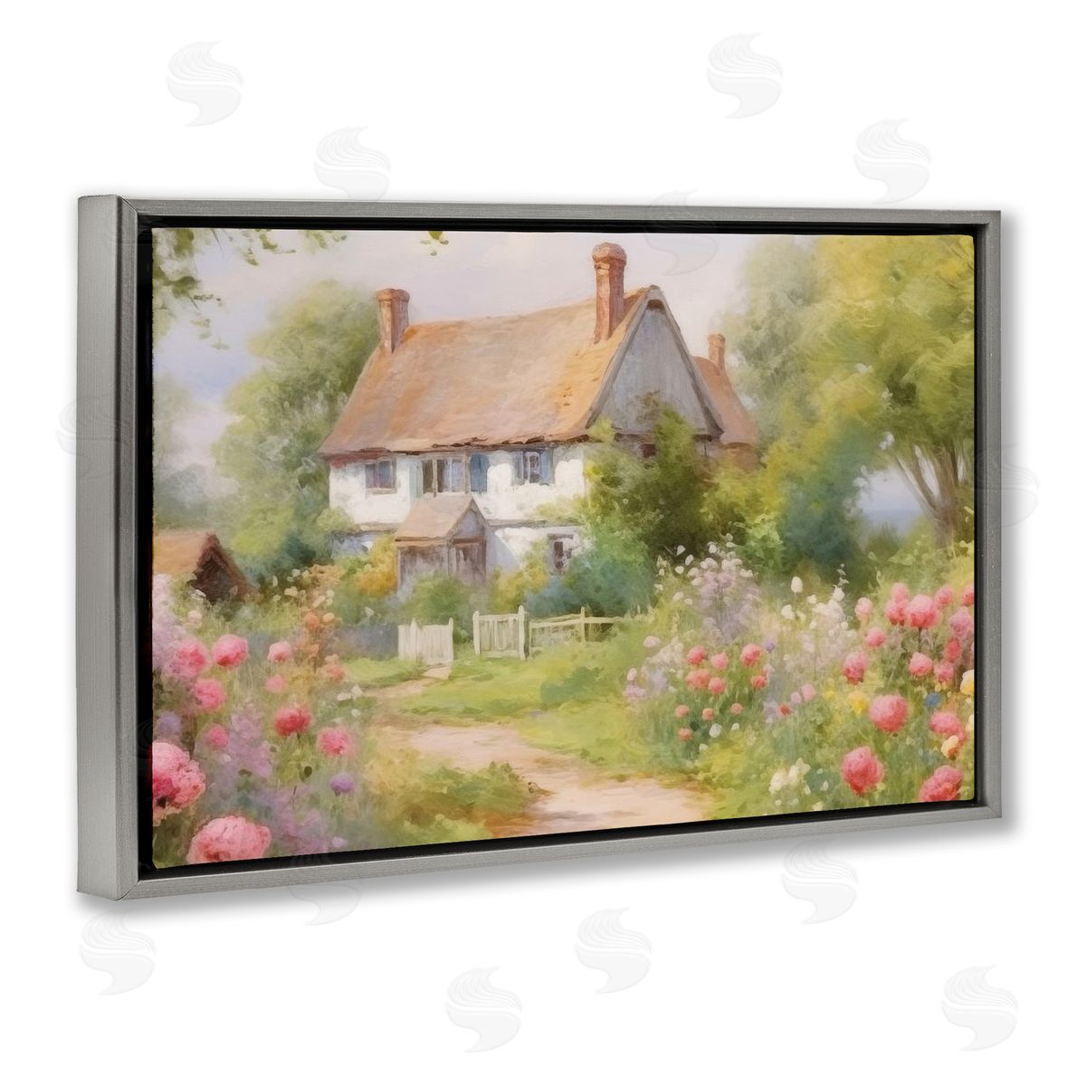 Nature Filled Cottage Garden Grey Floating Frame Canvas Wall Art, Home Decor by Nini Art