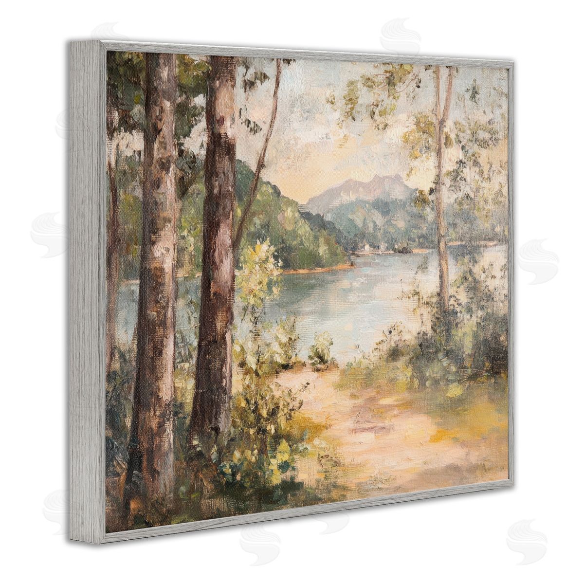 Peaceful Lakeside Landscape Grey Frame Print Wall Art, Home Decor by Petal Prints Design