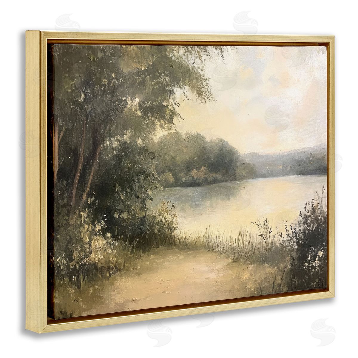 Shore of Peaceful Lake Gold Floating Frame Canvas Wall Art, Home Decor by Petal Prints Design