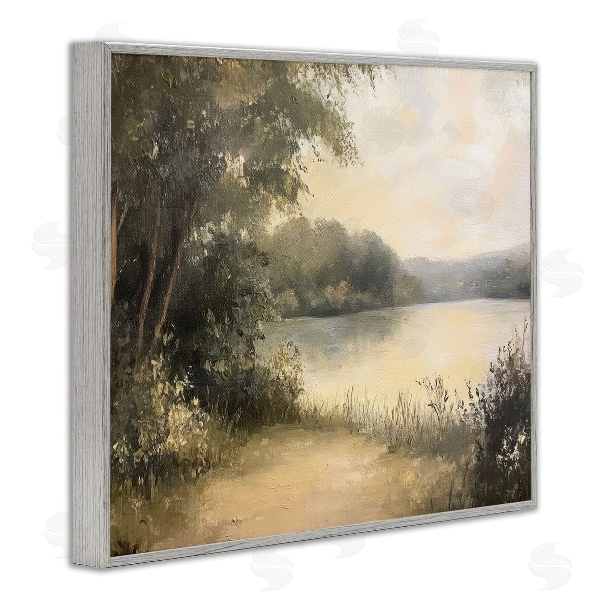 Shore of Peaceful Lake Grey Frame Print Wall Art, Home Decor by Petal Prints Design