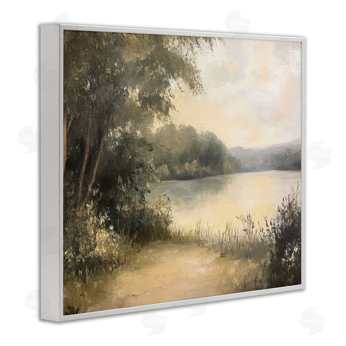 Shore of Peaceful Lake White Frame Print Wall Art, Home Decor by Petal Prints Design