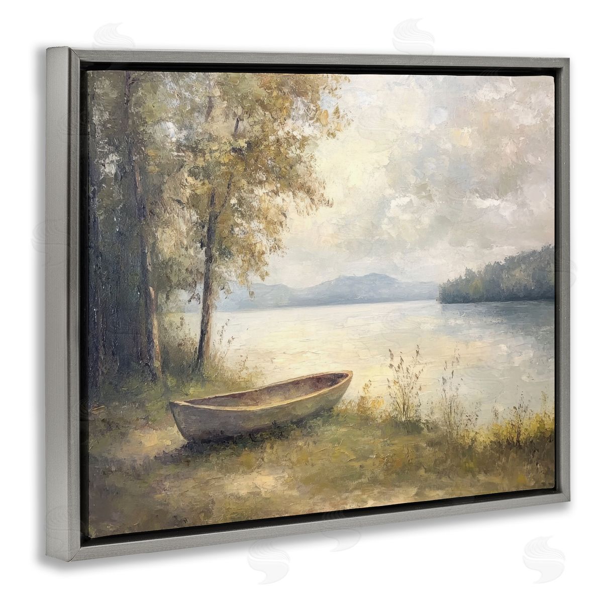 Boat at Lake's Edge Grey Floating Frame Canvas Wall Art, Home Decor by Petal Prints Design