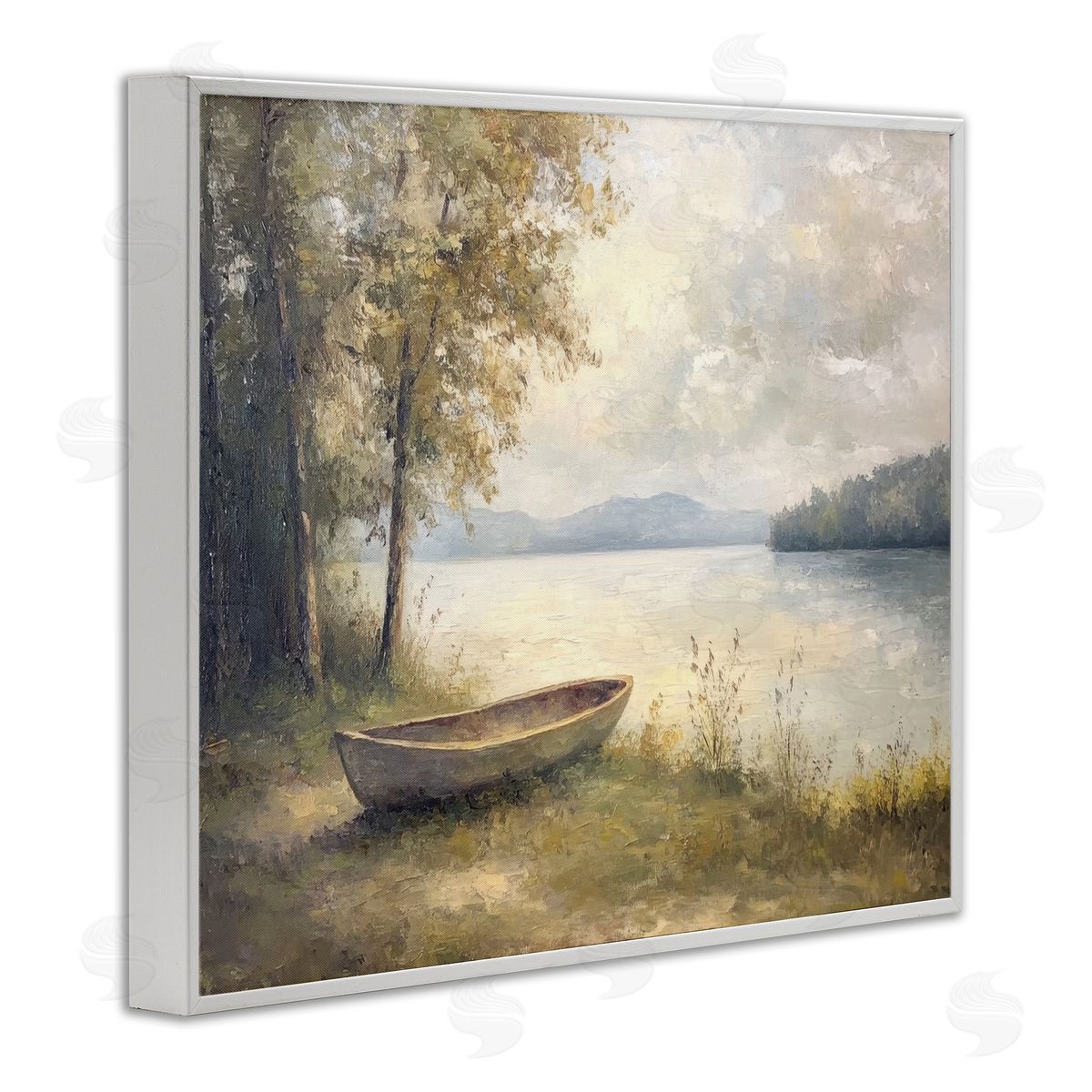 Boat at Lake's Edge White Frame Print Wall Art, Home Decor by Petal Prints Design