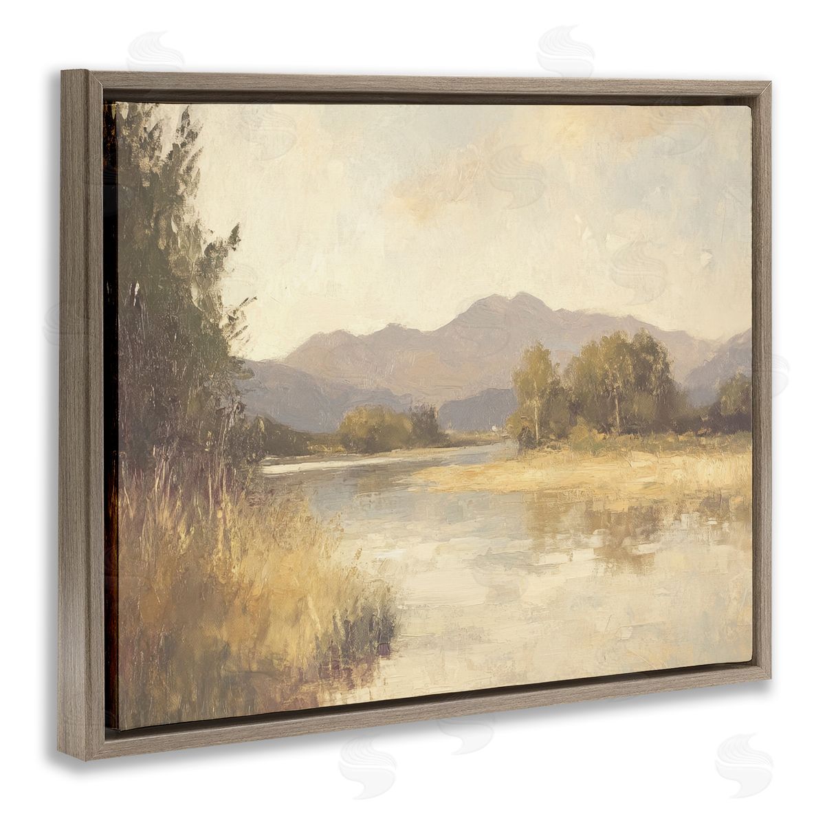 Wild River Mountain View Brown Floating Frame Canvas Wall Art, Home Decor by Petal Prints Design