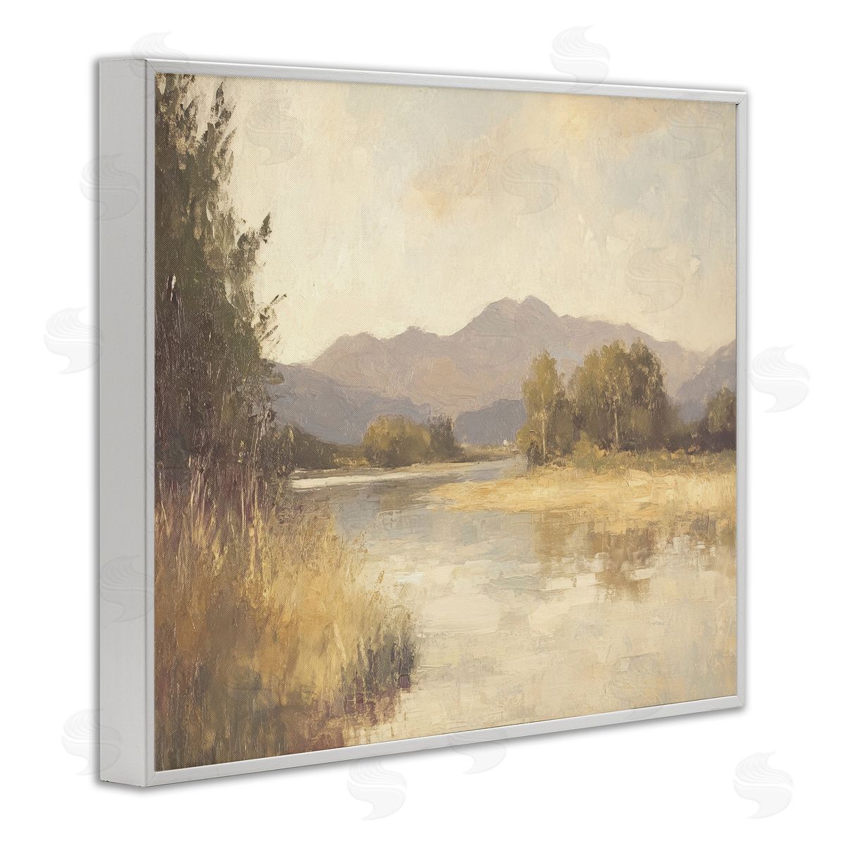 Wild River Mountain View White Frame Print Wall Art, Home Decor by Petal Prints Design
