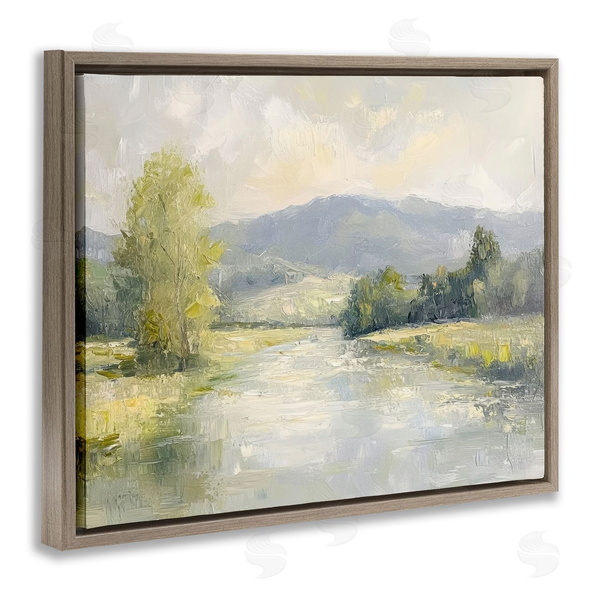 Abstract River & Mountain Scene Brown Floating Frame Canvas Wall Art, Home Decor by Petal Prints Design