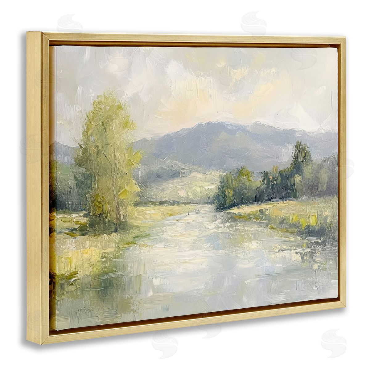 Abstract River & Mountain Scene Gold Floating Frame Canvas Wall Art, Home Decor by Petal Prints Design