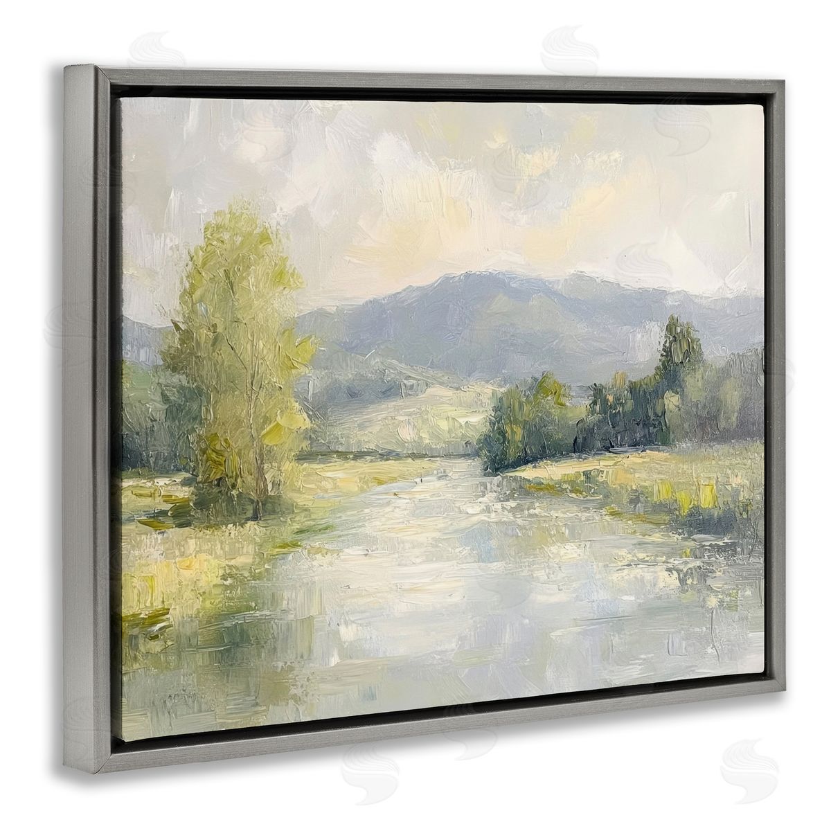 Abstract River & Mountain Scene Grey Floating Frame Canvas Wall Art, Home Decor by Petal Prints Design