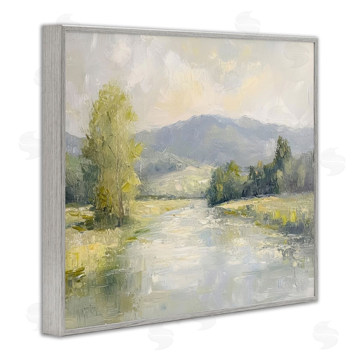 Abstract River & Mountain Scene Grey Frame Print Wall Art, Home Decor by Petal Prints Design