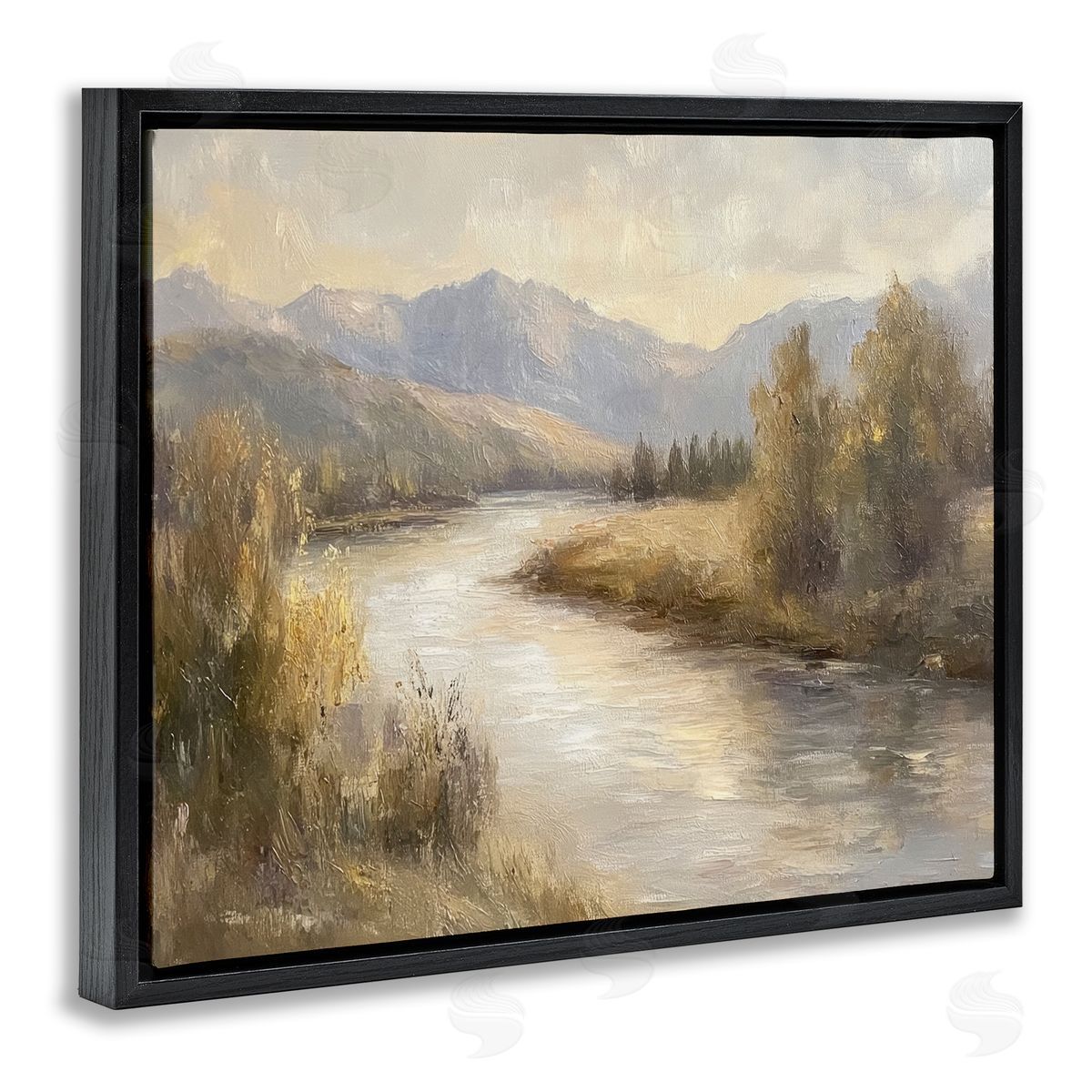 Flowing River & Distant Mountains Black Floating Frame Canvas Wall Art, Home Decor by Petal Prints Design