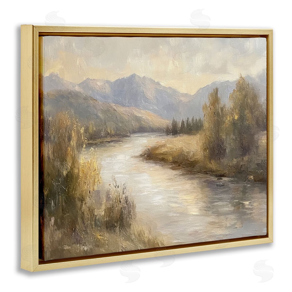 Flowing River & Distant Mountains Gold Floating Frame Canvas Wall Art, Home Decor by Petal Prints Design
