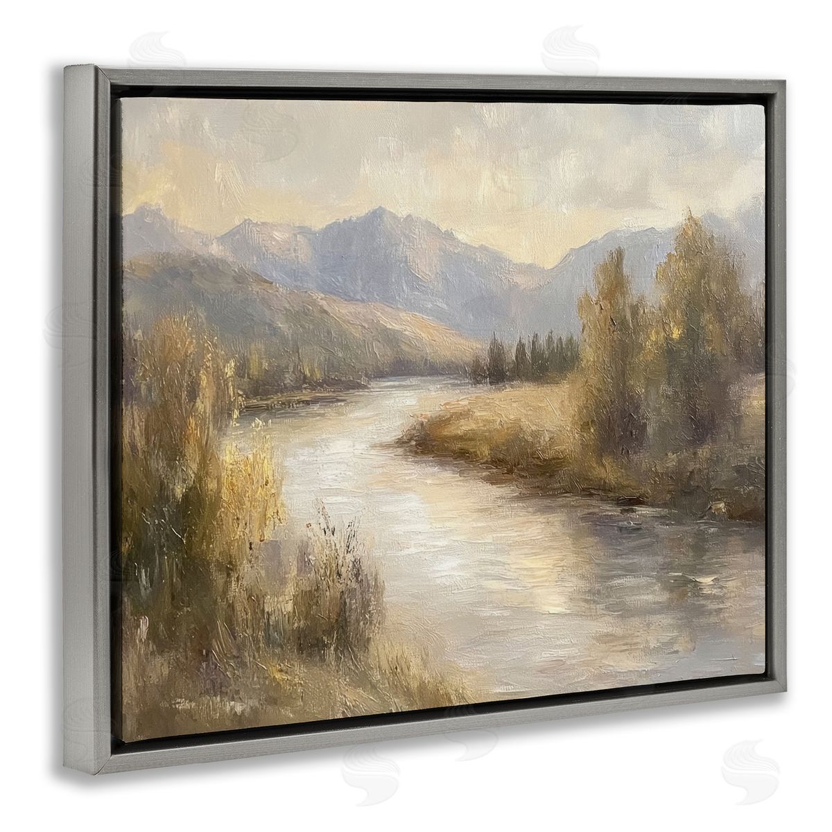 Flowing River & Distant Mountains Grey Floating Frame Canvas Wall Art, Home Decor by Petal Prints Design