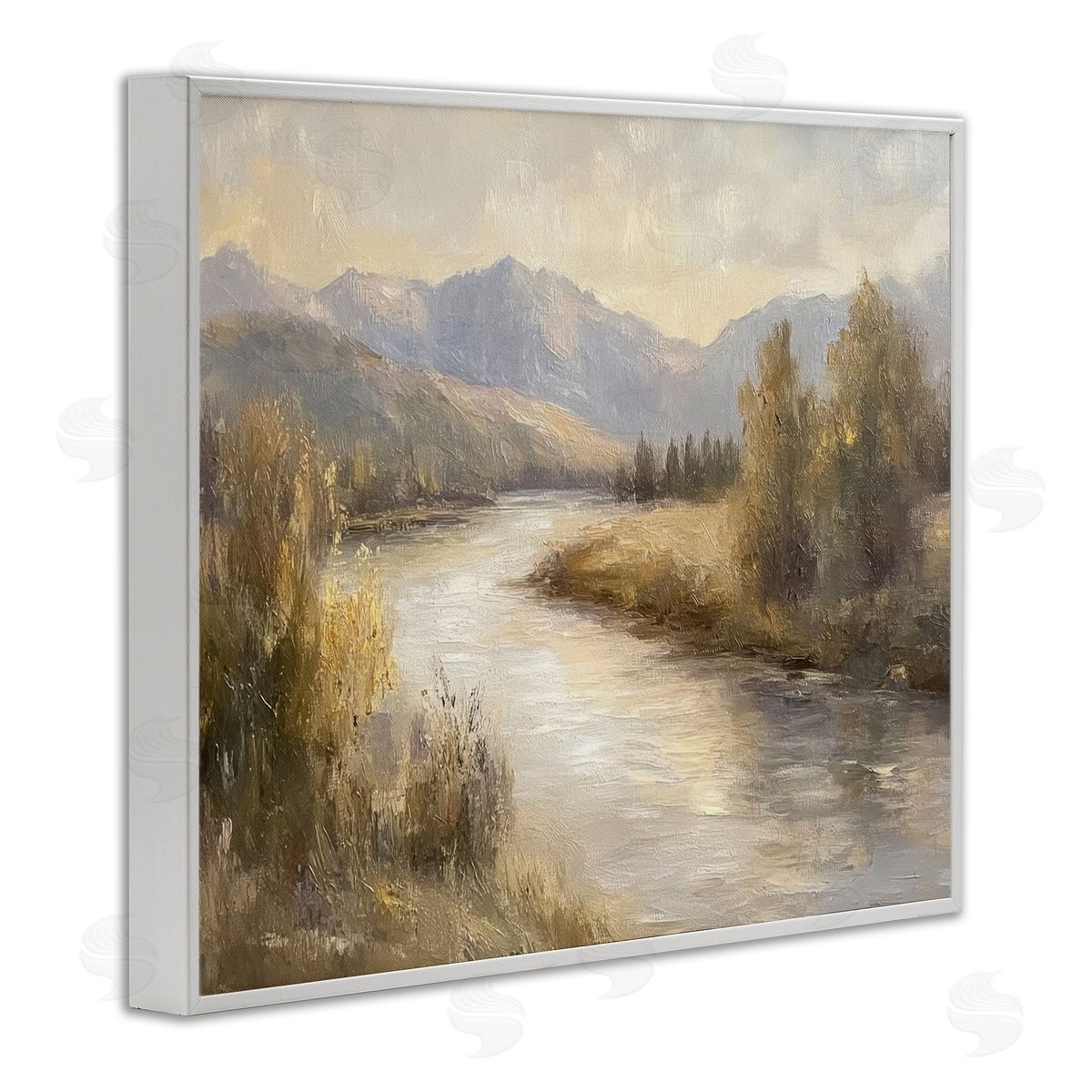 Flowing River & Distant Mountains White Frame Print Wall Art, Home Decor by Petal Prints Design