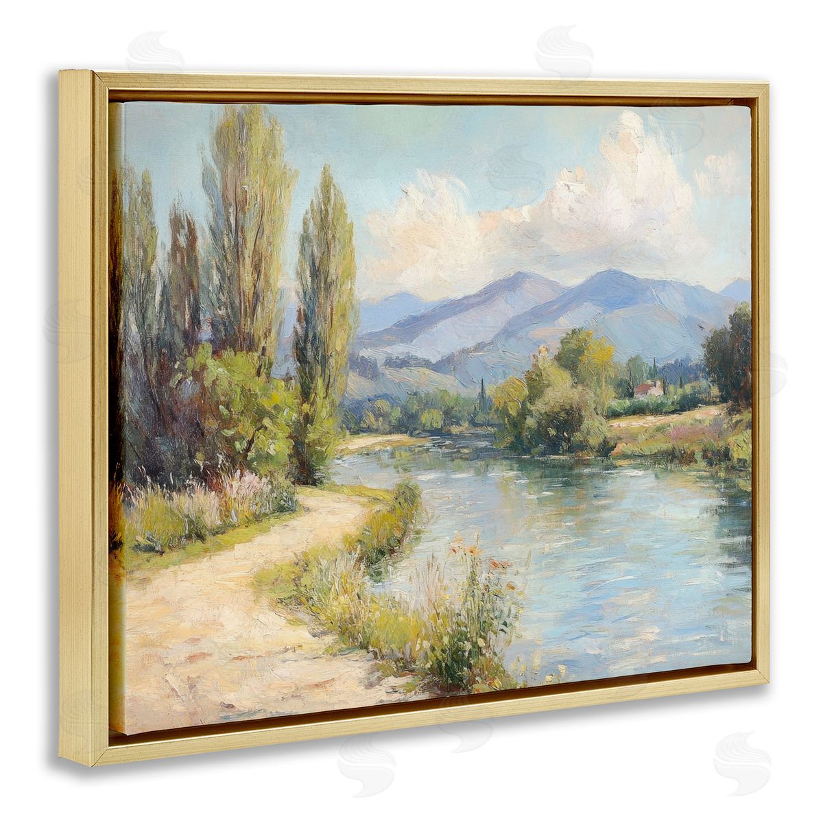 Along The Mountain River Gold Floating Frame Canvas Wall Art, Home Decor by Petal Prints Design