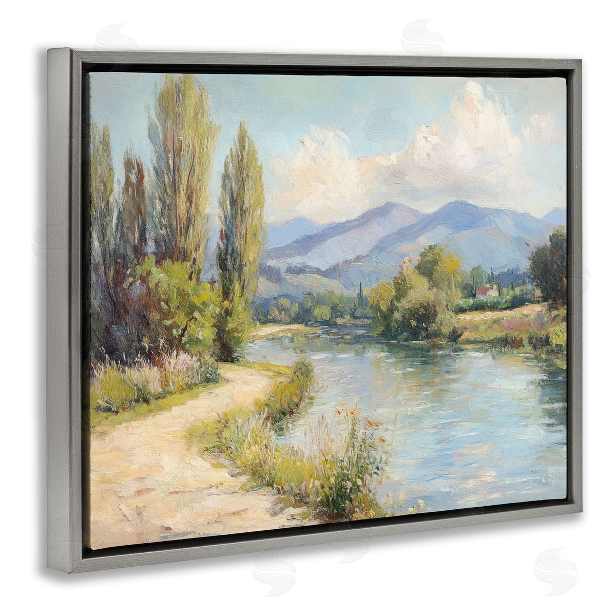 Along The Mountain River Grey Floating Frame Canvas Wall Art, Home Decor by Petal Prints Design