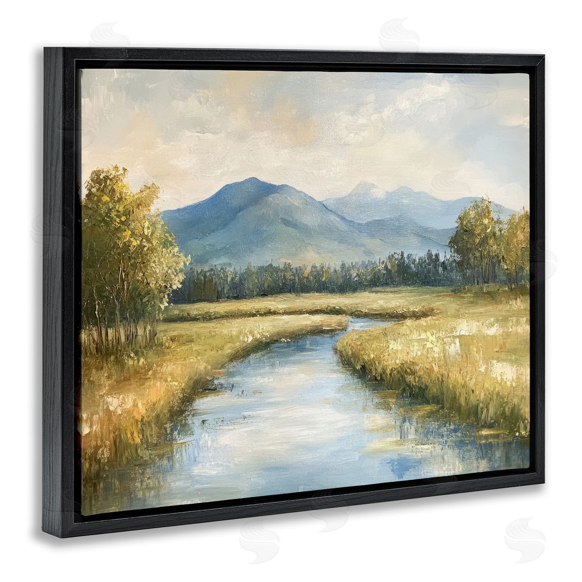 River Bend with Tall Grass Black Floating Frame Canvas Wall Art, Home Decor by Petal Prints Design