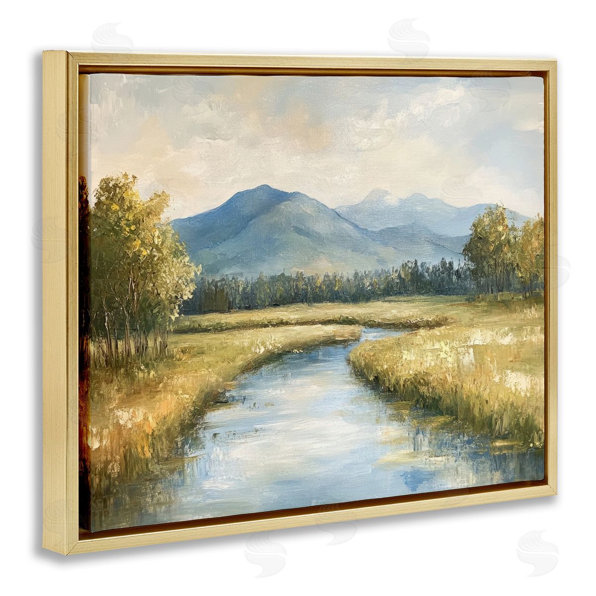 River Bend with Tall Grass Gold Floating Frame Canvas Wall Art, Home Decor by Petal Prints Design