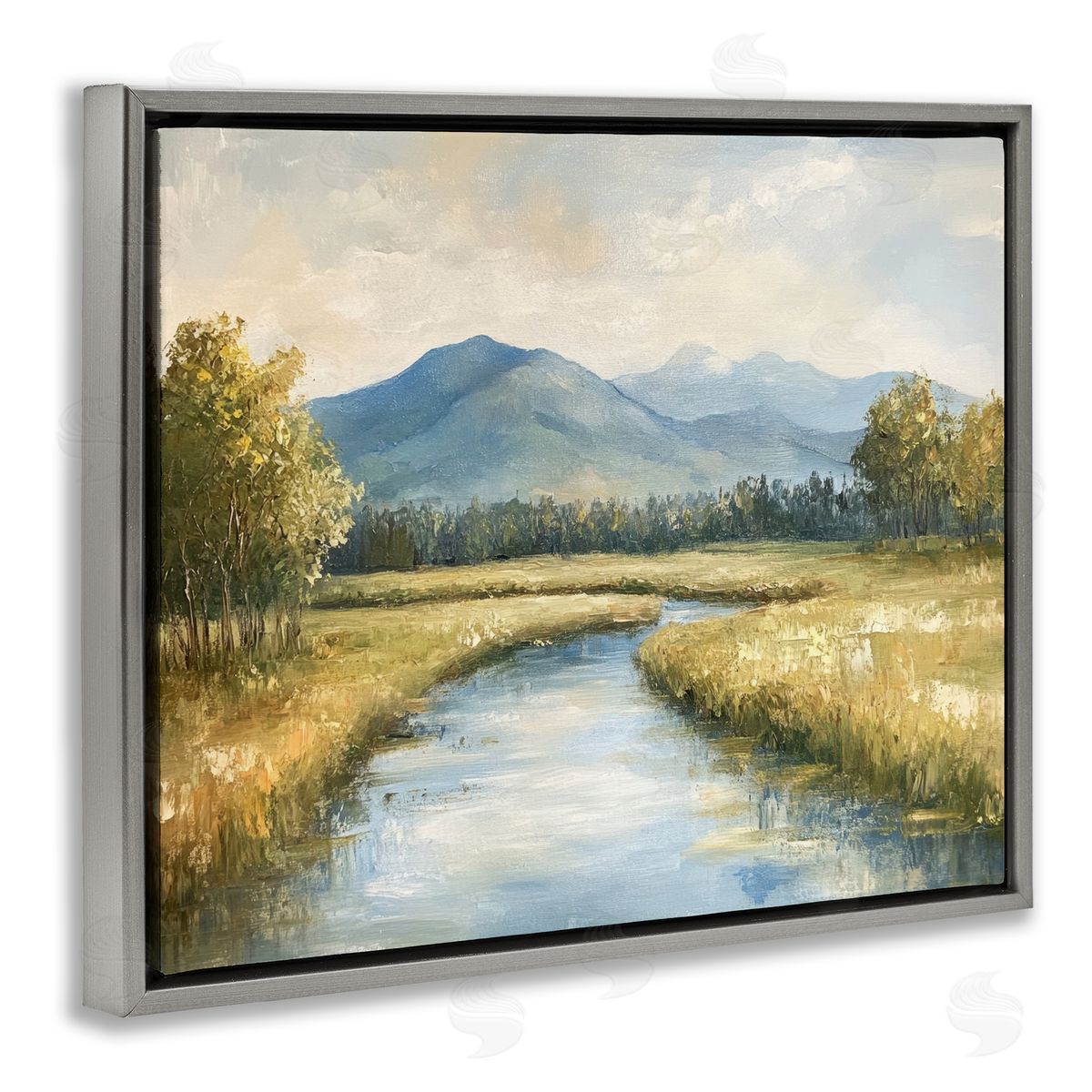 River Bend with Tall Grass Grey Floating Frame Canvas Wall Art, Home Decor by Petal Prints Design