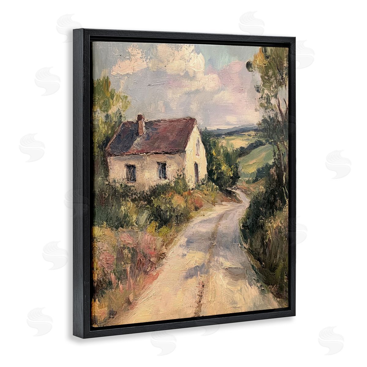 Scenic Cottage Road Black Floating Frame Canvas Wall Art, Home Decor by Petal Prints Design